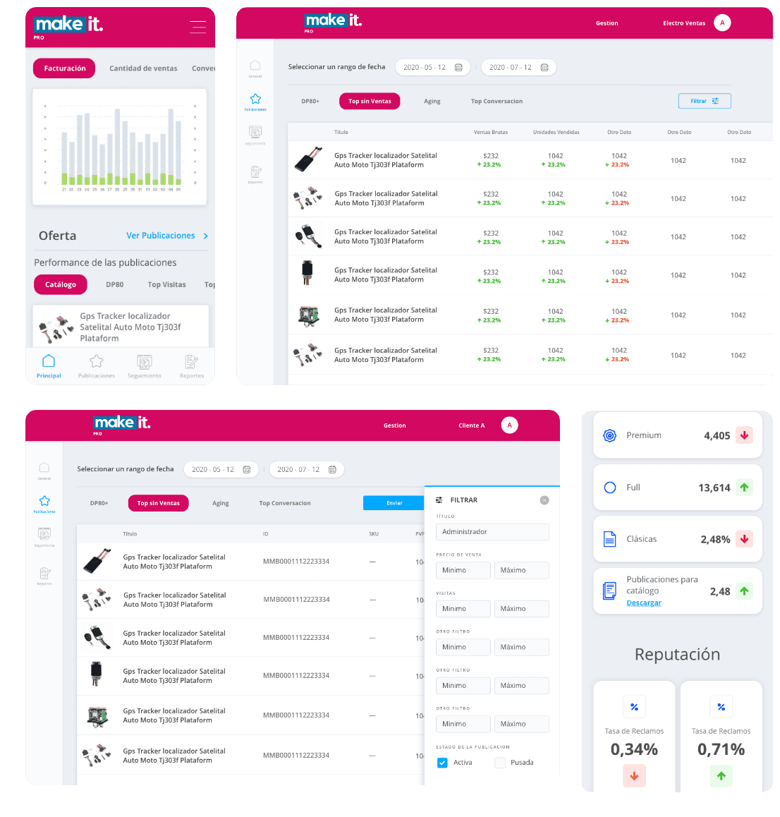 Various screens showing Make It Pro interface