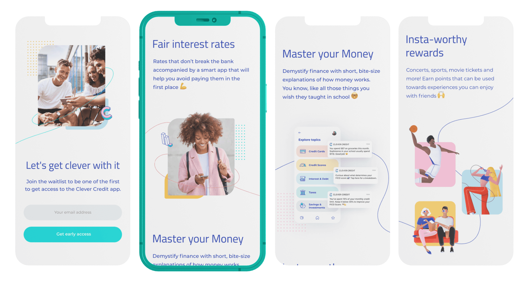 Multiple screens of the Clever Credit app, each displaying different sections of the app's interface.