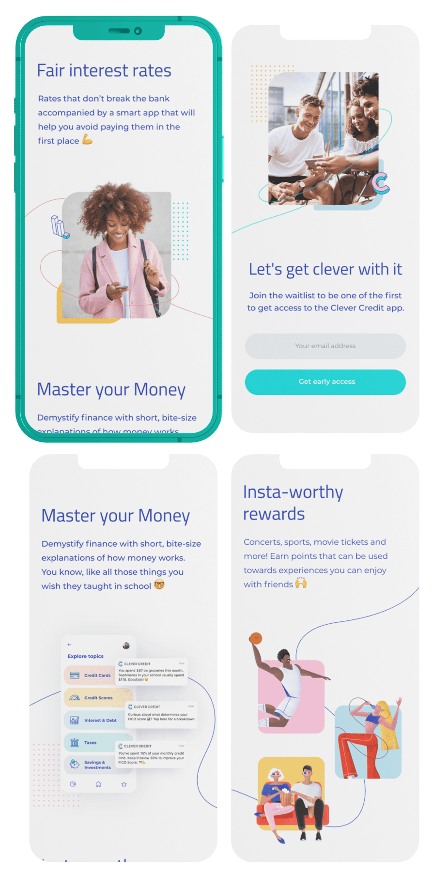 Multiple screens of the Clever Credit app, each displaying different sections of the app's interface.